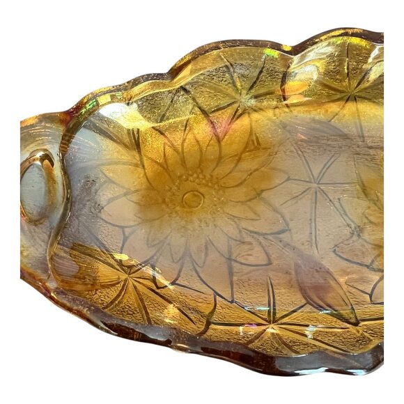 Amber Marigold Carnival Glass Sunflower Pattern Oval Relish Dish With Handles - Picture 8 of 9